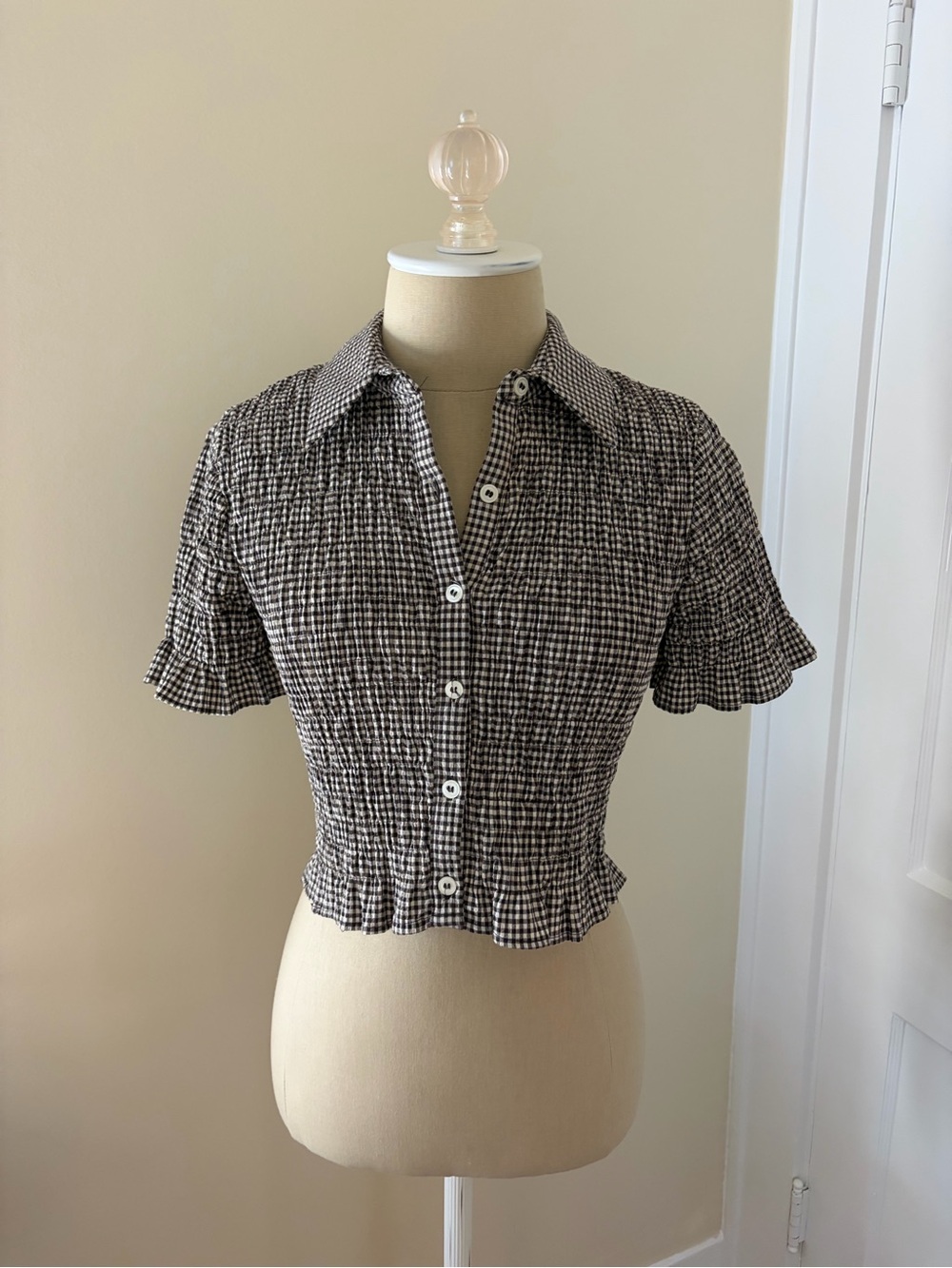 Zara Black and White Gingham Cropped Button-Down Top